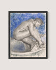 The Bath is an artwork featuring a person crouching and washing their feet, rendered in charcoal or pencil with a blue background that emphasizes the figure's intimate introspection. The entire drawing, evocative of an impressionist style, is set in a Black Oak frame.