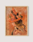 A framed painting titled "Woman’s Head with Red Hat" depicts an abstract figure with prominent red and orange hues. The figure, partially identifiable with flowing elements that could represent feathers or fabric, is set against a warm, ochre background. Reminiscent of a modern Renoir print, the artist’s signature is visible at the bottom right. The piece is encased in a natural oak frame, adding a touch of elegance to the artwork.