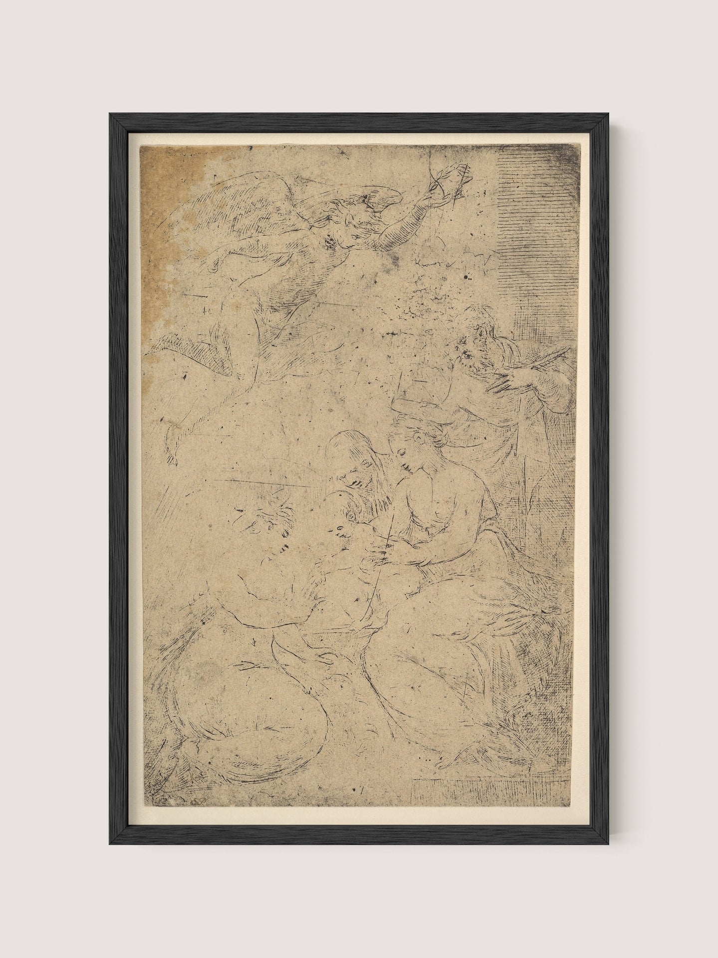 The Mystic Marriage of Saint Catherine, framed in elegant Black Oak, features several figures in a classical style, depicting scenes of people in various poses. The detailed artwork appears weathered, with a faded background that adds a vintage feel. This sacred piece evokes a sense of faith through its timeless beauty.