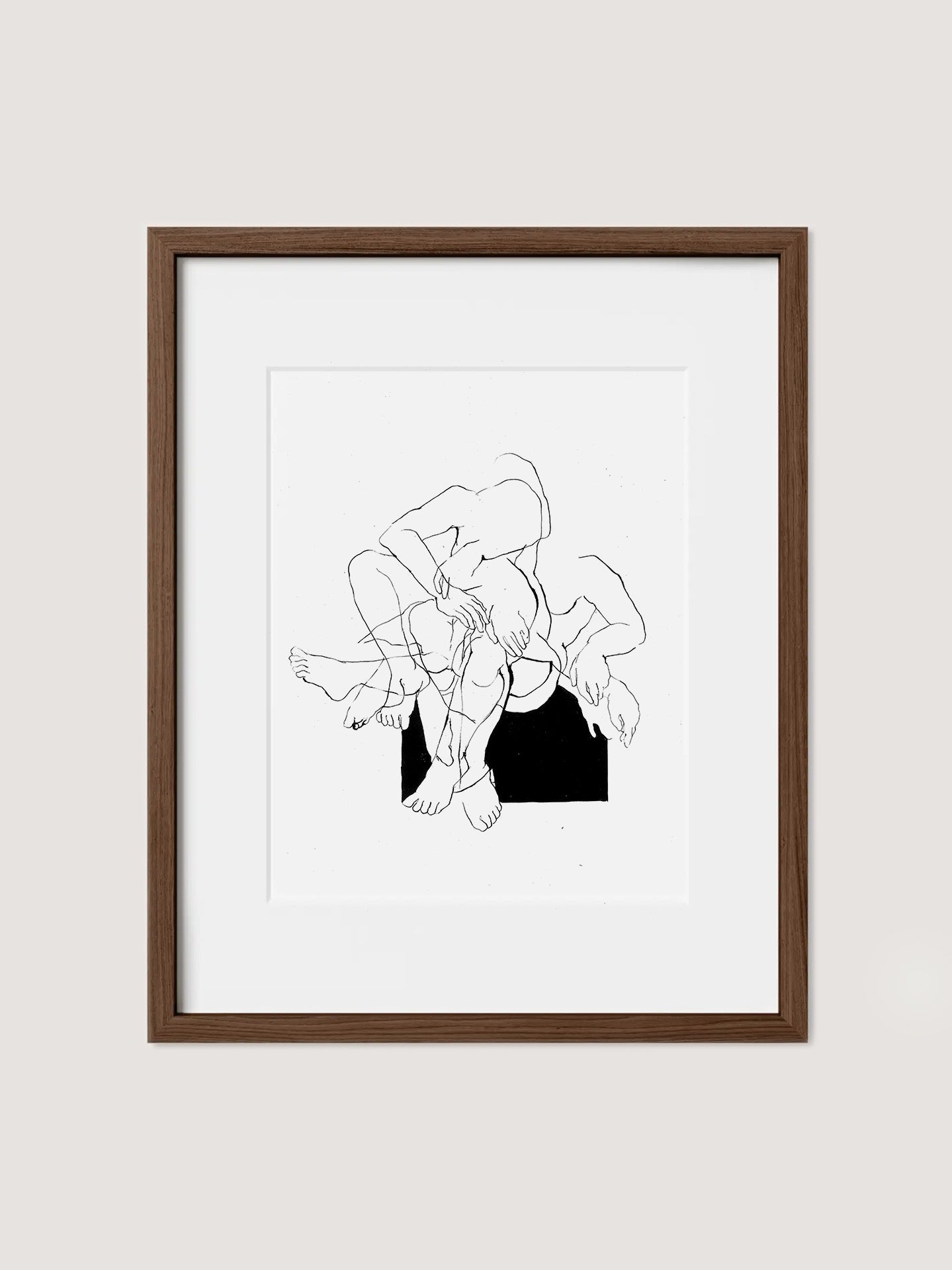 Here’s a revised version of the sentence using the provided product data:
A framed minimalist art piece, titled *Samantha Michell I*, featuring an original ink drawing of an abstract, intertwined figure with a black rectangular background element. The frame is crafted from Walnut Premium Oak with a white matboard border, displayed against a light grey wall.