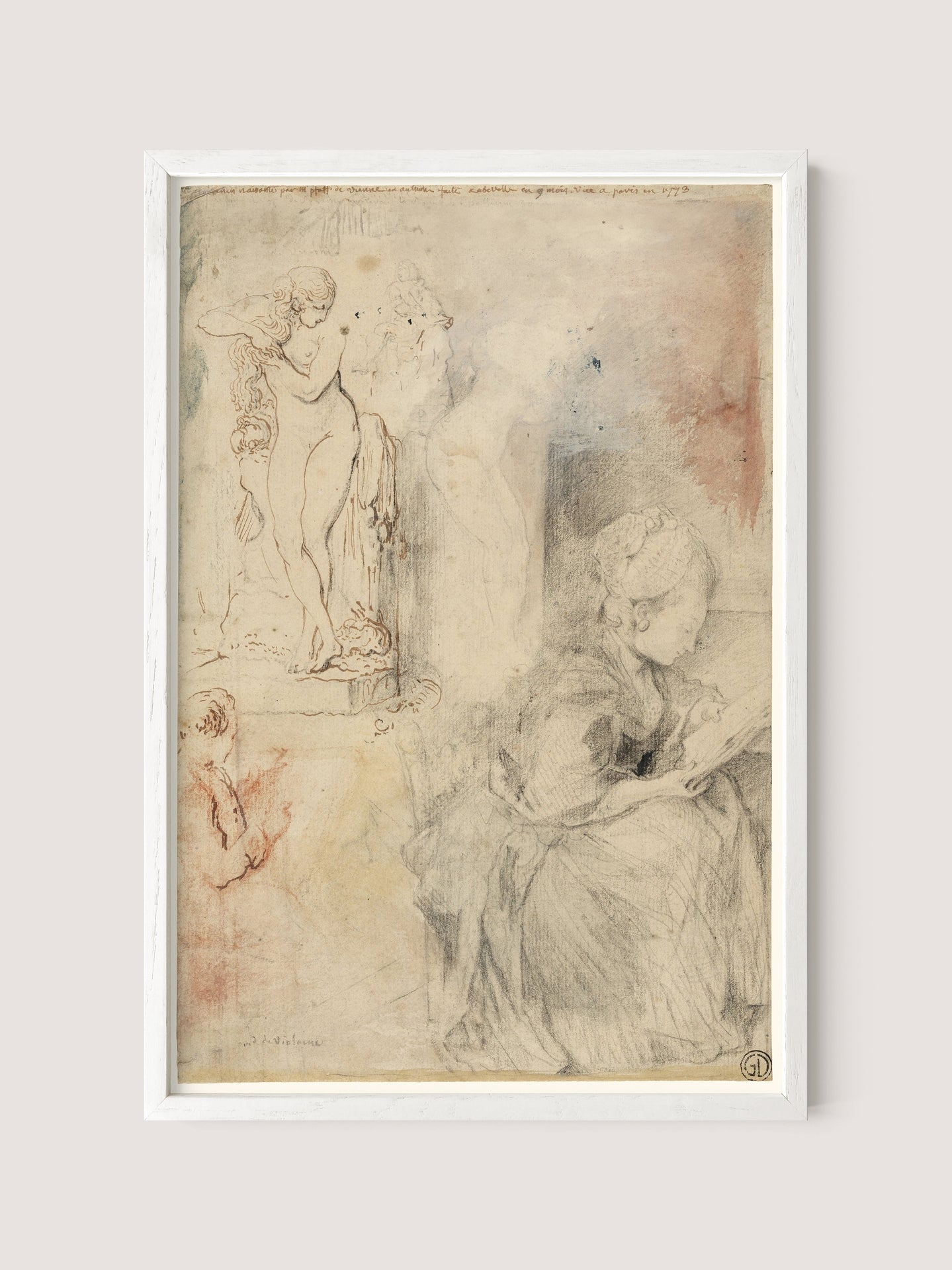 The framed sketch, titled "Figure Studies," by the 18th-century master printmaker Gabriel Jacques de Saint-Aubin, displays on the right side a seated girl reading a book with an exquisite and ethereal quality. On the left, there is an artistic rendering of a standing nude figure featuring delicate shading and light pencil lines. The artwork is encased in a beautiful White Oak frame.