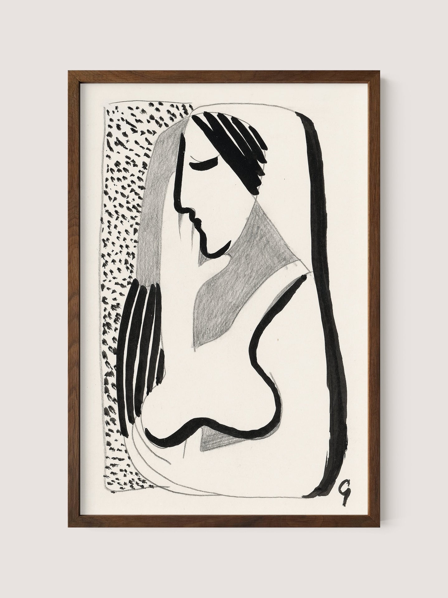 A framed minimalist ink drawing titled "Thoughtful Woman" showcases a black and white profile of a woman with long hair. Using bold, sweeping lines and minimalistic details, this artwork creates a stylized and modern depiction. The versatile design is enhanced by a textured pattern on the left side, making it perfect for various interior styles. This piece comes in an elegant Walnut Oak frame.