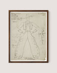 A framed sketch of the Cowboy Costume in a walnut oak shade, showcasing a person adorned in a cowboy outfit complete with a hat, vest, shirt, and pants highlighted with button embellishments. This detailed costume design is surrounded by handwritten annotations and measurements around the figure, reflecting the meticulous craftsmanship typical of the Federal Theatre Project.