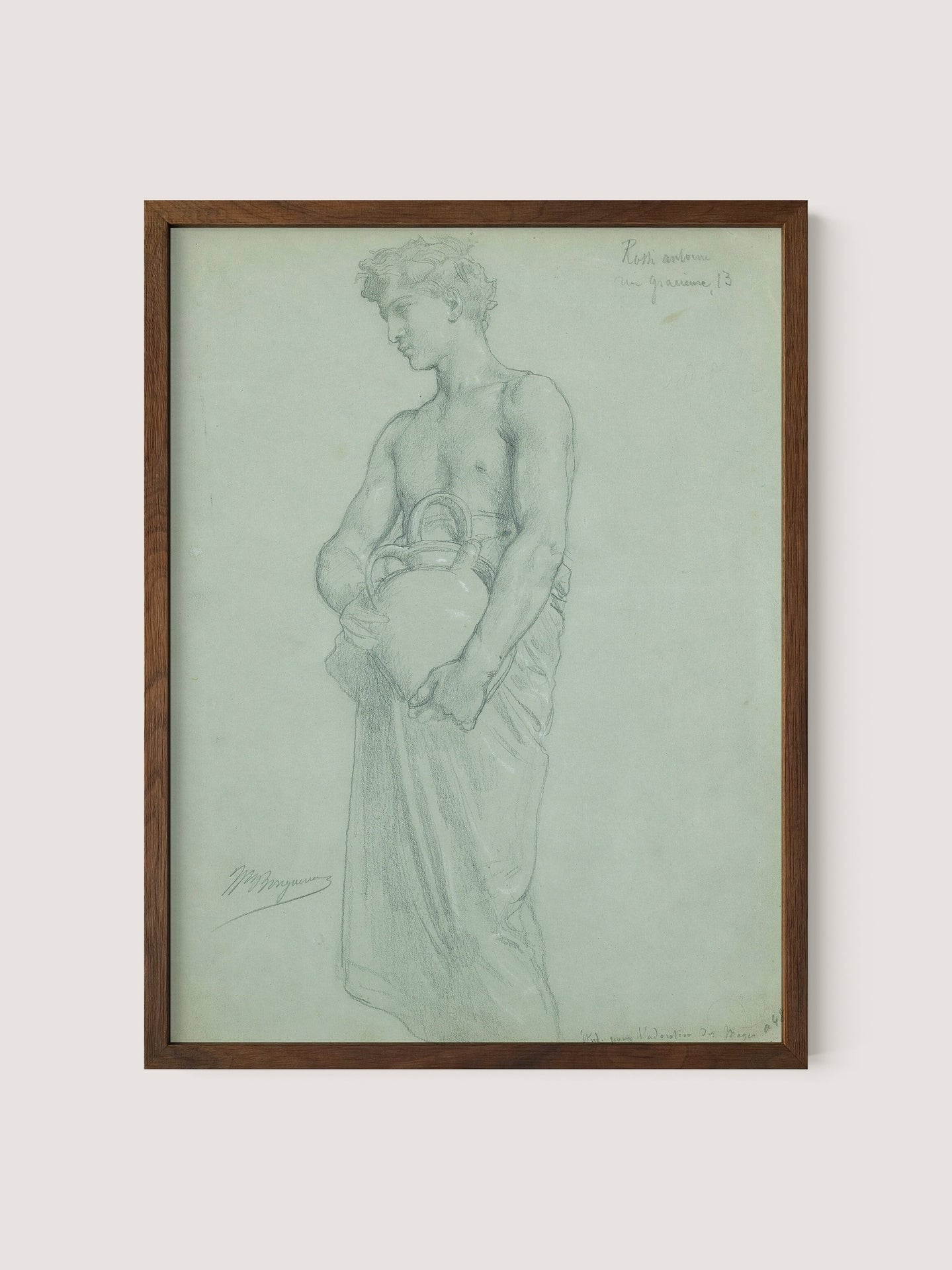 A framed pencil sketch titled "Study For L’adoration Des Mages" features a shirtless figure holding a large jug, draped in cloth from the waist down and gazing downward. The artwork, exuding timeless beauty, includes handwritten text within the illustration along with an additional signature and date in the bottom left corner. Enclosed in a Walnut Oak frame, it echoes Bouguereau’s sophistication.