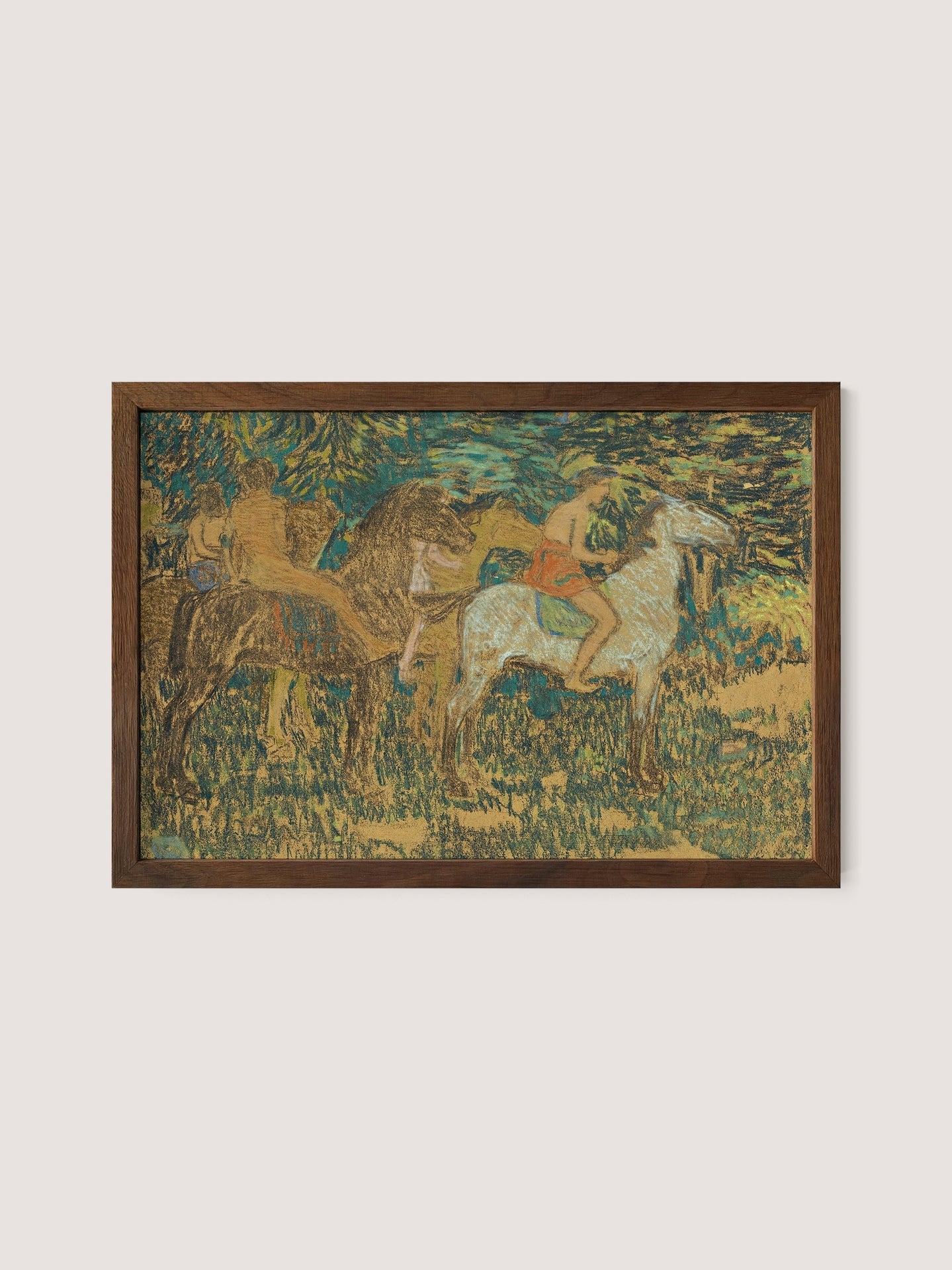 Product Description: Introducing "Horsemen (Procession)" — a framed painting in vibrant, textured, impressionist style. This exquisite artwork features two riders on horseback against a lush, green background with rich earth-toned foliage. One rider elegantly sits atop a white horse while the other commands a brown horse, both seamlessly moving through the picturesque landscape. The piece is beautifully framed in Walnut Oak, adding an extra touch of sophistication to any space.