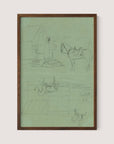 A framed pencil sketch titled "Horses & Tents" by Alfred R. Waud, rendered in Walnut Oak, showcases a horse with riding gear in front of an arched structure with a doorway. Below the primary scene are incomplete sketches of buildings and what appears to be a horse carriage, capturing a moment of rest during wartime.