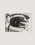 A framed Lying Cat print of a black cat in a curled pose, set against a White Oak background and surrounded by abstract, flowing lines. The white oak accents the bold strokes, capturing an artistic vision reminiscent of Kirchner.