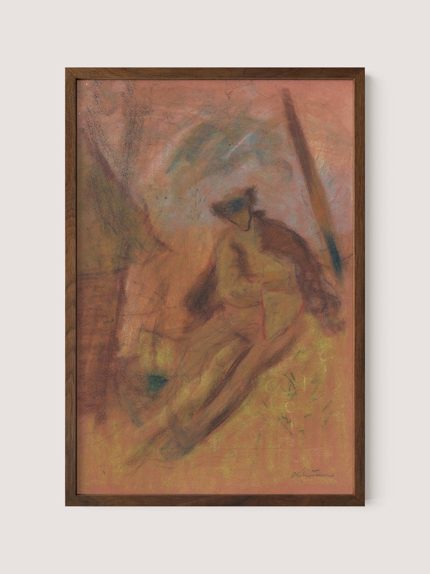 The "Farmer" framed abstract painting showcases soft, muted tones of walnut oak. A loosely defined figure of a seated person is visible in the center, surrounded by a blurred, dreamlike background with hints of foliage. This piece evokes the cultural legacy reminiscent of an Arnold Peter Weisz-Kubínčan creation.