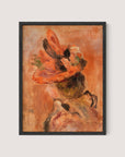 The "Woman’s Head with Red Hat" framed giclée print showcases an abstract figure with vibrant, swirling brushstrokes in predominantly red and orange hues. The figure is wearing a large, elaborate hat adorned with flowers, reminiscent of Renoir's famous artwork, all set against a textured blend of warm colors.