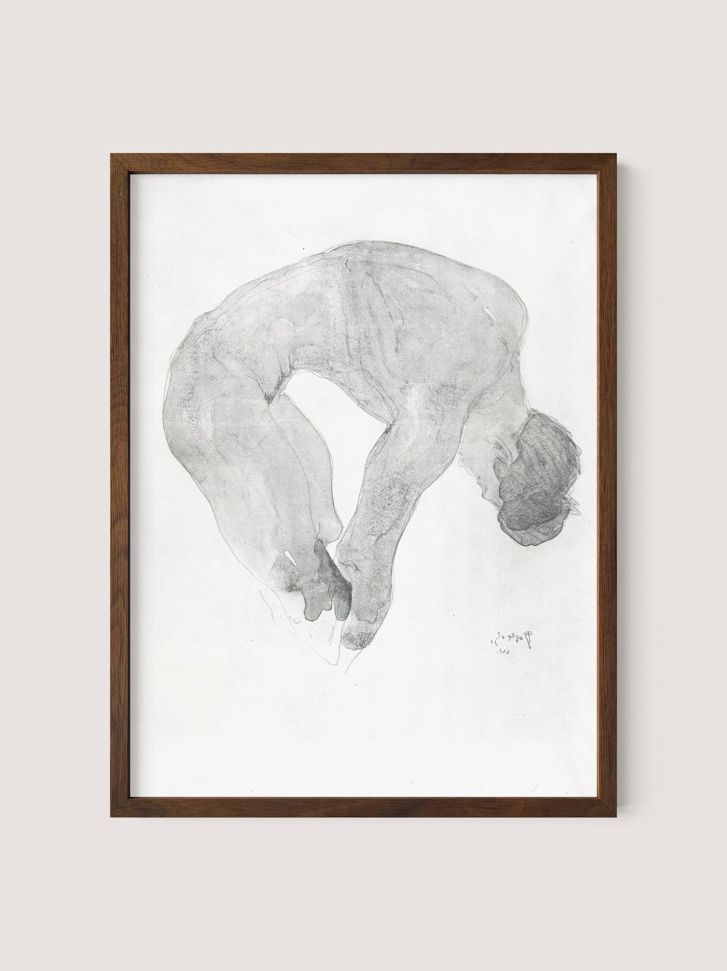 A framed, minimalist pencil drawing titled "Bending Nude" by artist Reijer Johan Antonie Stolk portrays an intimate portrait of a person in a curved, balletic pose. The figure's head is down, knees bent, and arms reaching toward the feet. The artwork is elegantly enclosed in a walnut oak frame that contrasts beautifully with the soft shading and outline on white paper.