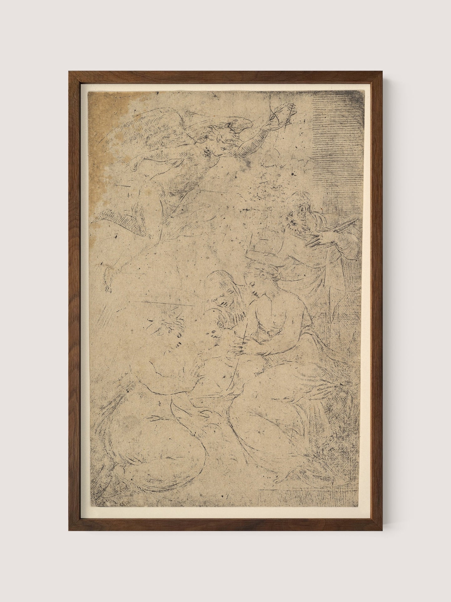 The "Mystic Marriage of Saint Catherine" features monochrome sketches of abstract human figures engaged in various activities. The drawing appears weathered, with some areas lighter than others, giving it an aged look. This sacred piece is housed in a simple walnut oak frame, contrasting beautifully with the intricate artwork.