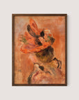 The giclée print titled "Woman’s Head with Red Hat" showcases vibrant, abstract brushstrokes to depict a figure adorned with a large red hat decorated with flowers. The background blends warm, earthy tones of orange, red, and brown, and the artist's signature is visible in the lower right corner.