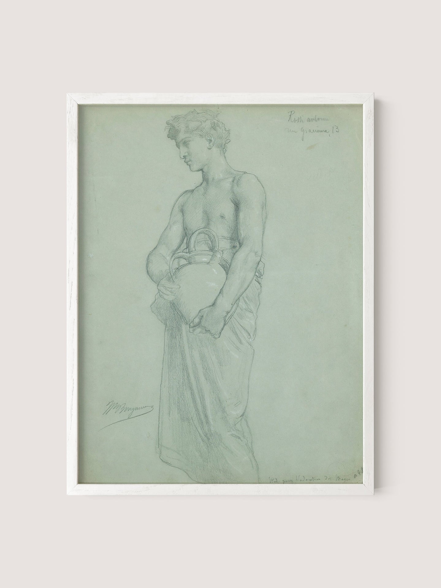 A framed drawing titled "Study For L’adoration Des Mages" showcases a classical-style figure of a muscular man holding a large vase. Partially draped in cloth, the figure gazes downward with a solemn expression. Rendered in white oak, the detailed sketch captures the contours and anatomy with timeless beauty, reminiscent of Bouguereau's sophistication.