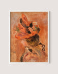 The "Woman’s Head with Red Hat" painting showcases an abstract depiction with vibrant brushstrokes of orange and red, portraying a bouquet of flowers. The background features a warm blend of complementary hues, enhancing the floral subject. Reminiscent of a Renoir print, this artwork is elegantly framed in a simple, white frame.