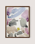A watercolor painting titled "Dutch Woman" by Reijer Stolk in a walnut oak wooden frame features abstract shapes and soft, blurred colors. Dominant hues include pale blues, purples, grays, and yellows, with a flower-like shape at the bottom center. The background is a neutral off-white color.