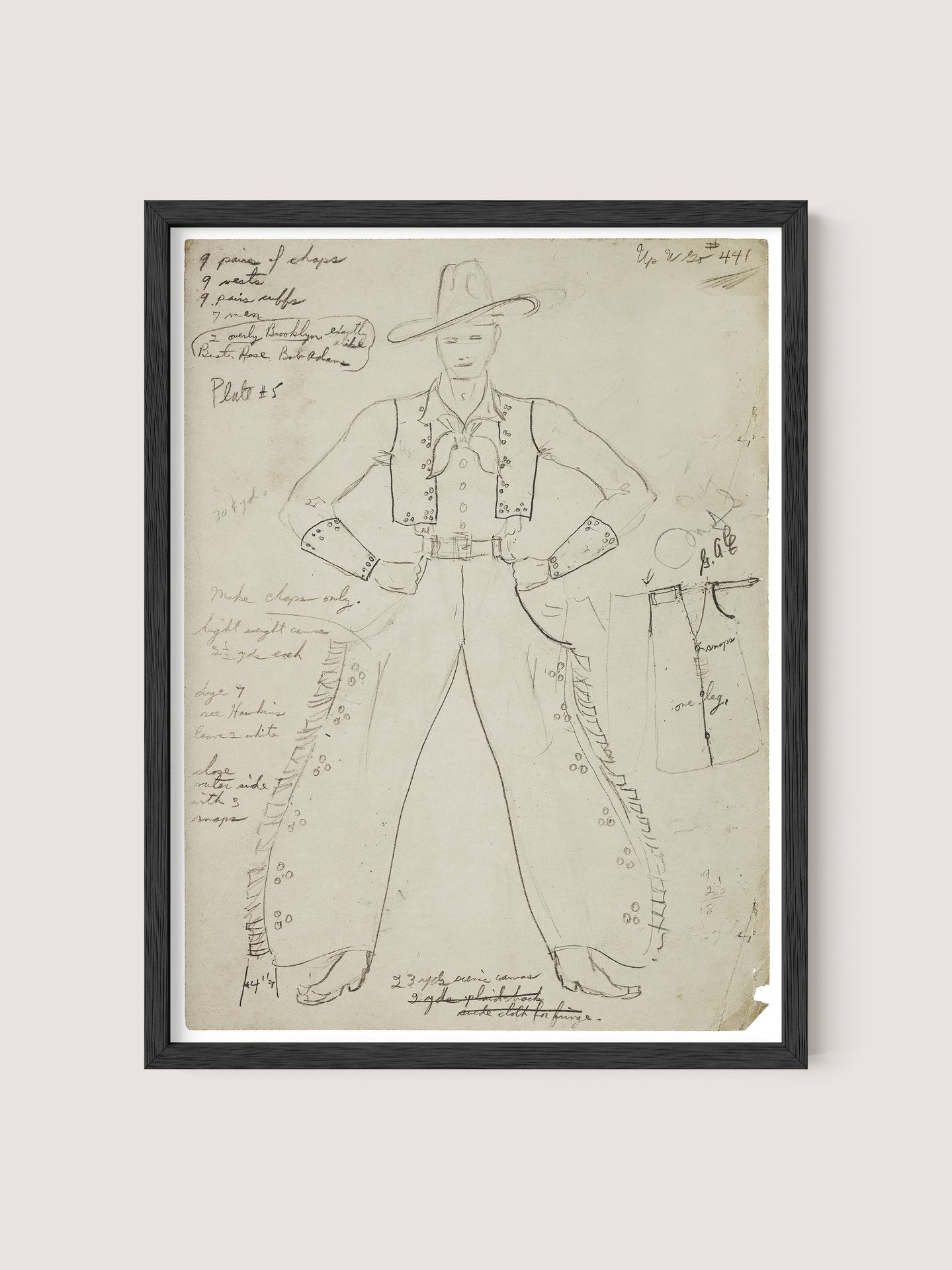 A framed pencil sketch of the Cowboy Costume in Black Oak provides a detailed costume design featuring a cowboy outfitted in a vest and chaps. Handwritten notes and measurements surround the sketch, with an incomplete drawing of another figure or object on the right side, suggesting its origins in the Federal Theatre Project.