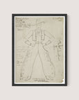 A framed pencil sketch of the Cowboy Costume in Black Oak provides a detailed costume design featuring a cowboy outfitted in a vest and chaps. Handwritten notes and measurements surround the sketch, with an incomplete drawing of another figure or object on the right side, suggesting its origins in the Federal Theatre Project.