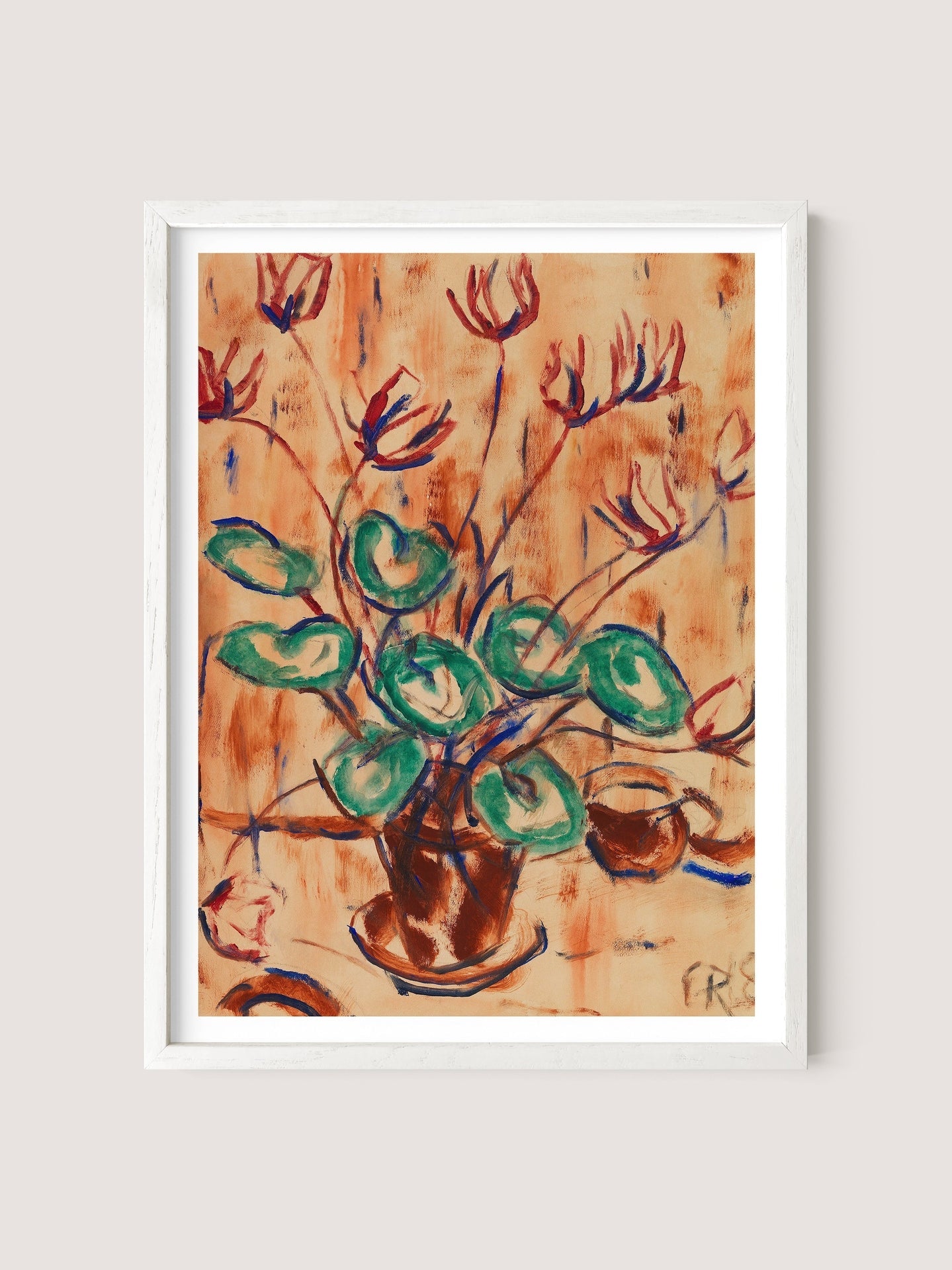 A framed painting named "Cyclamen" featuring a plant with green leaves and red flowers, set against an abstract background in warm earth tones, all housed in a white oak frame. The artwork showcases a vibrant, expressive style with bold brushstrokes that evoke the touch of an expressionist painter.