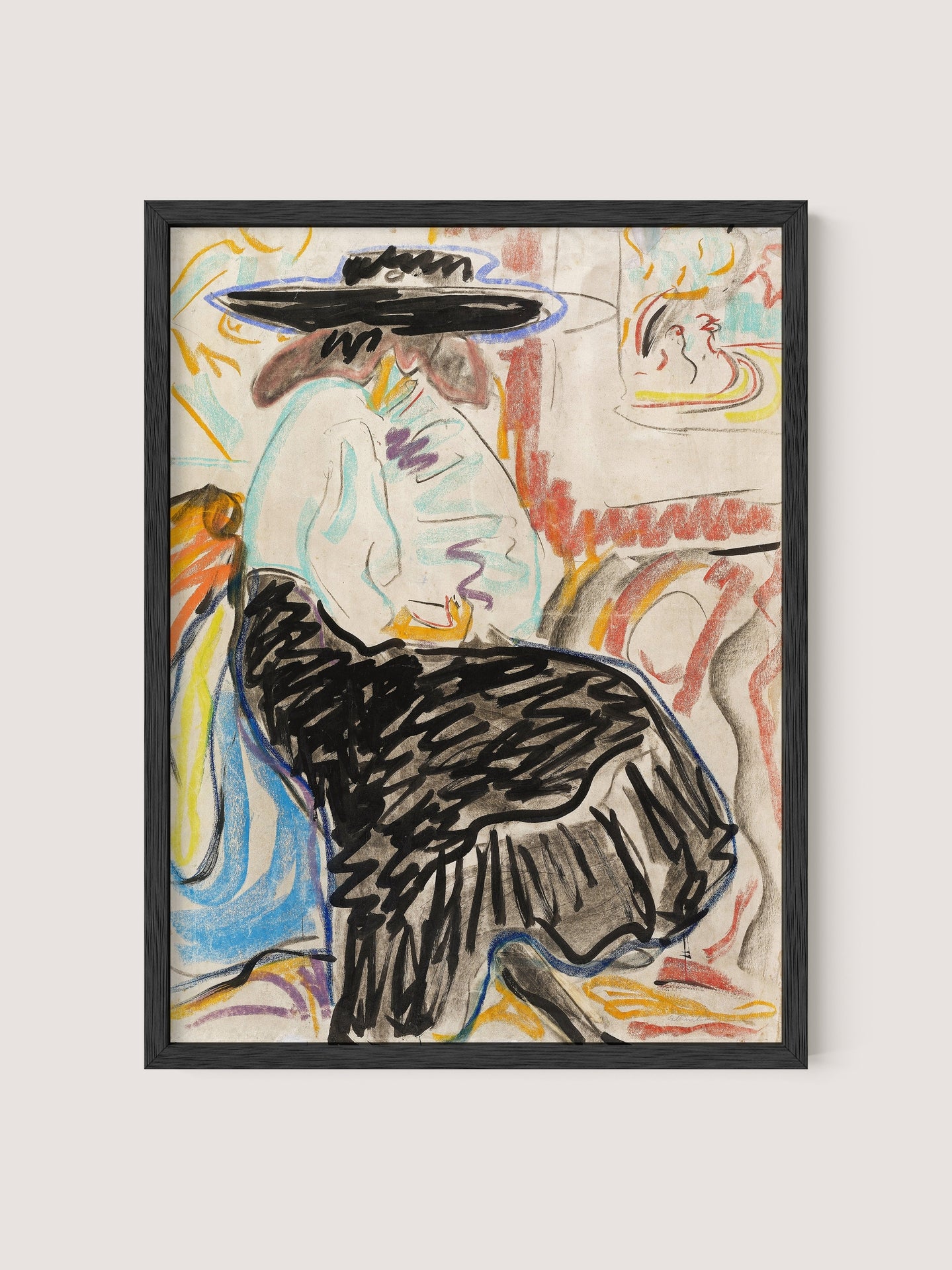 Seated Woman in the Studio" features a framed abstract painting that portrays a person wearing a wide-brimmed hat and a voluminous skirt, seated on a chair. Bearing similarities to Kirchner's figurative art, the background is an amalgamation of colorful, swirling patterns. The overall style is loose and expressive, characterized by vibrant hues and dynamic forms. The frame is crafted from black oak.