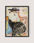 Seated Woman in the Studio" features a framed abstract painting that portrays a person wearing a wide-brimmed hat and a voluminous skirt, seated on a chair. Bearing similarities to Kirchner's figurative art, the background is an amalgamation of colorful, swirling patterns. The overall style is loose and expressive, characterized by vibrant hues and dynamic forms. The frame is crafted from black oak.