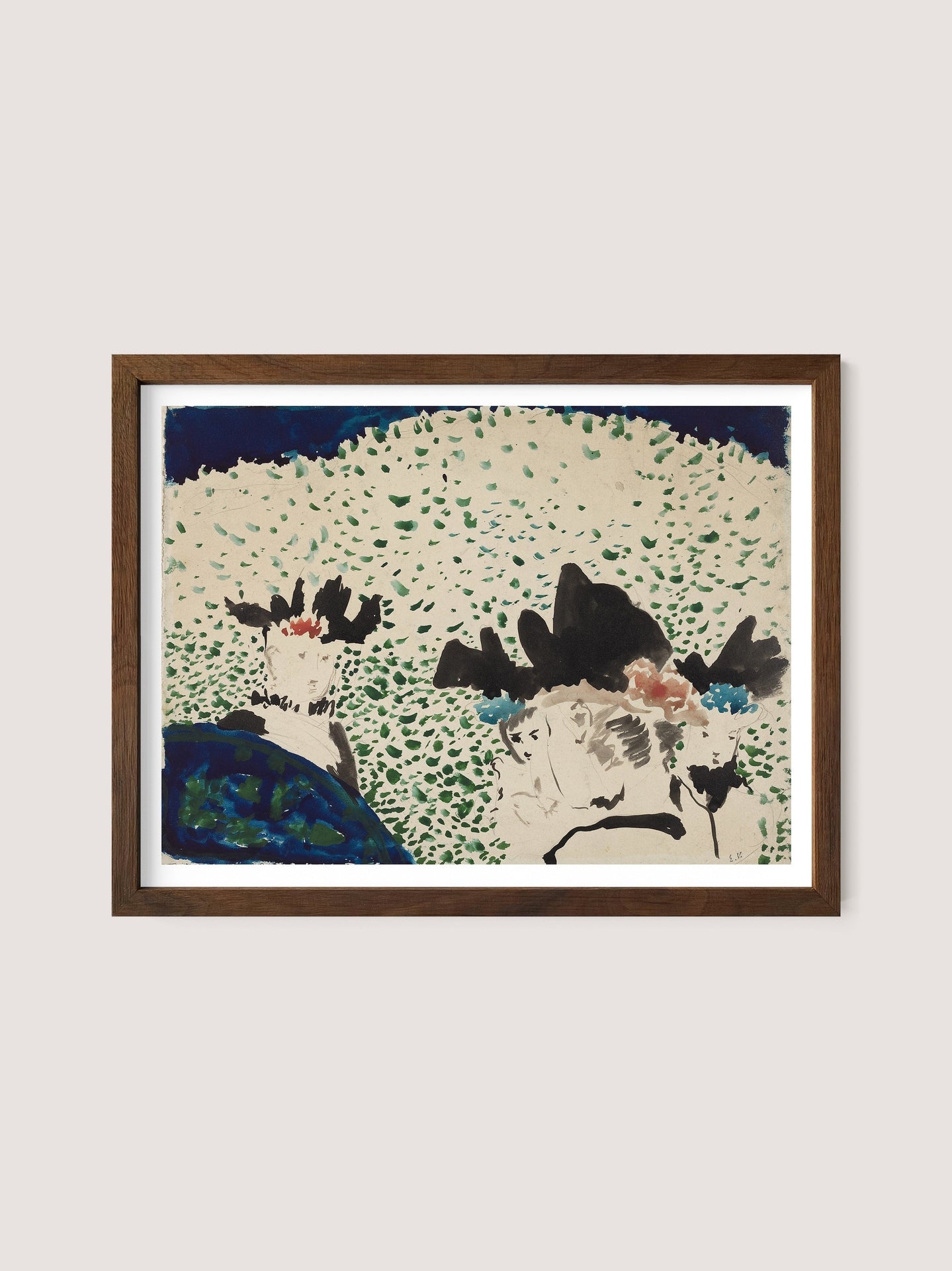 The &quot;Four Ladies with Fancy Hats&quot; framed painting features a blend of dark and light green dots creating a dense background. Over this green backdrop, dark, irregular shapes and blotches in black, blue, and other colors suggestive of plants or natural forms are layered, embodying a versatile design suitable for various interior styles. The frame is crafted from Walnut Oak for an elegant finishing touch.