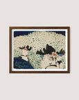 The "Four Ladies with Fancy Hats" framed painting features a blend of dark and light green dots creating a dense background. Over this green backdrop, dark, irregular shapes and blotches in black, blue, and other colors suggestive of plants or natural forms are layered, embodying a versatile design suitable for various interior styles. The frame is crafted from Walnut Oak for an elegant finishing touch.