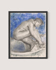 The Bath is an artwork featuring a person crouching and washing their feet, rendered in charcoal or pencil with a blue background that emphasizes the figure's intimate introspection. The entire drawing, evocative of an impressionist style, is set in a Black Oak frame.