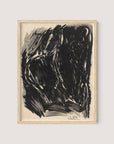 The "Stormy Abstraction" features a framed charcoal drawing on a white background, characterized by abstract and dark, intense strokes. The composition evokes elemental drama and emotion with bold, swirling lines. A signature "E.W." and the year "1915" are visible at the bottom of the artwork. The drawing is elegantly housed in a natural oak frame.