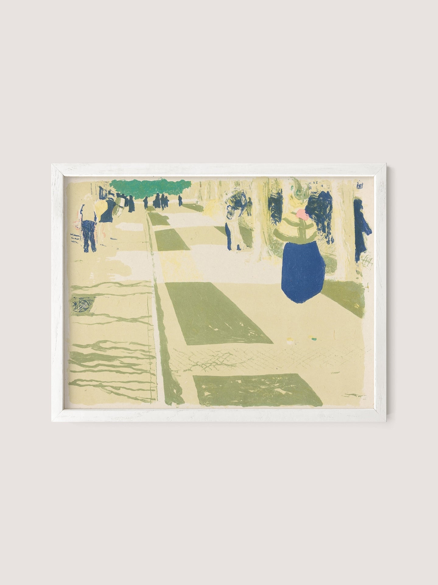 The framed abstract painting, "L'avenue," features various shades of green and yellow, depicting a street scene with indistinct figures. The minimalist style, reminiscent of Vuillard's color palette, simplifies details like trees and sidewalks, creating a modern, artistic interpretation of urban life. The white oak frame adds a touch of elegance to the piece.