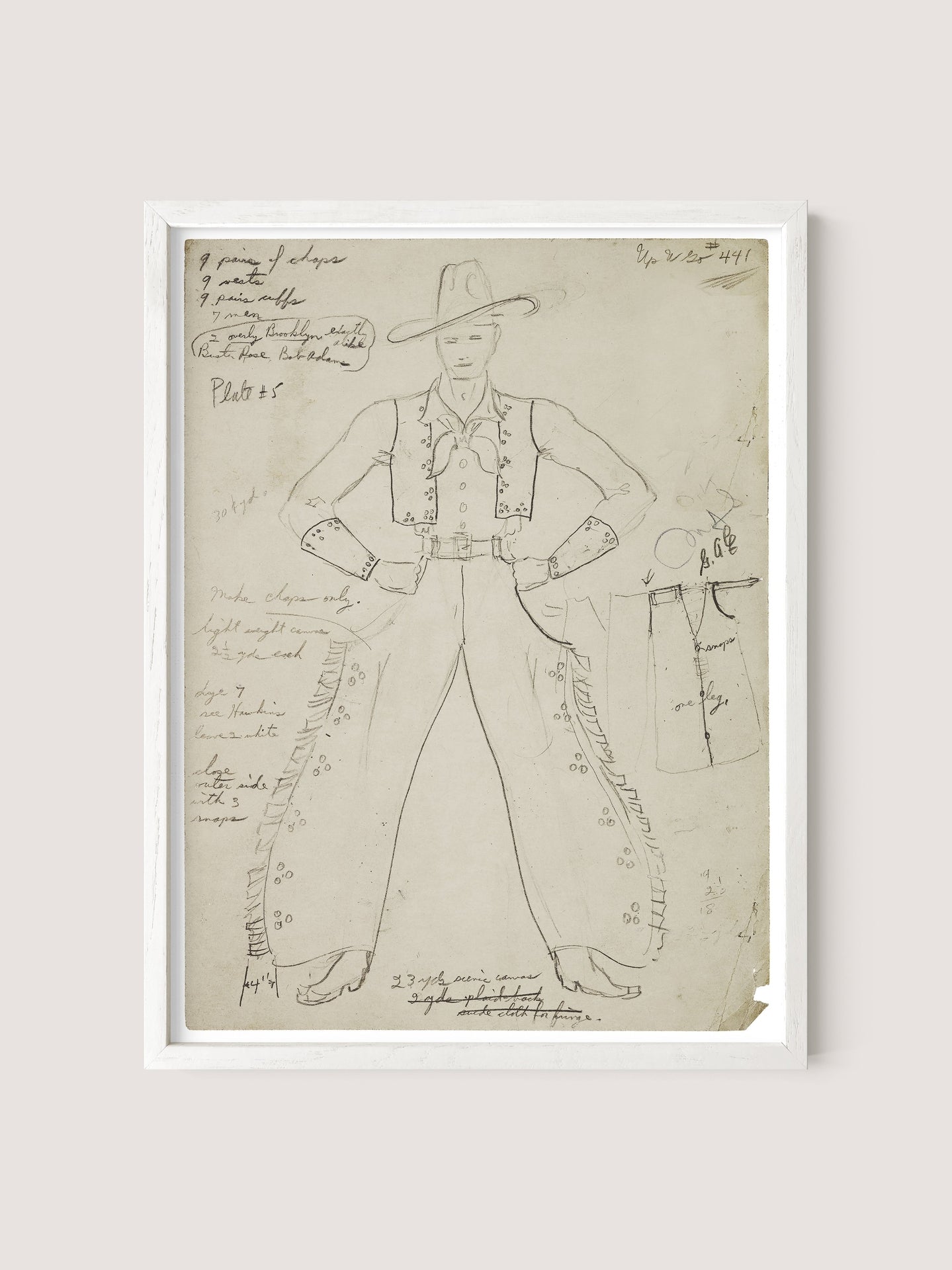 A framed sketch titled "Cowboy Costume" showcases a figure dressed in vintage cowboy attire, featuring a hat, vest, pants, and boots with spurs, all rendered in the color White Oak. Handwritten notes surround the main drawing, elaborating on different elements of the cowboy outfit. On the right side of the frame, there is a smaller sketch focusing on clothing details that evoke designs from the Federal Theatre Project costume collection.