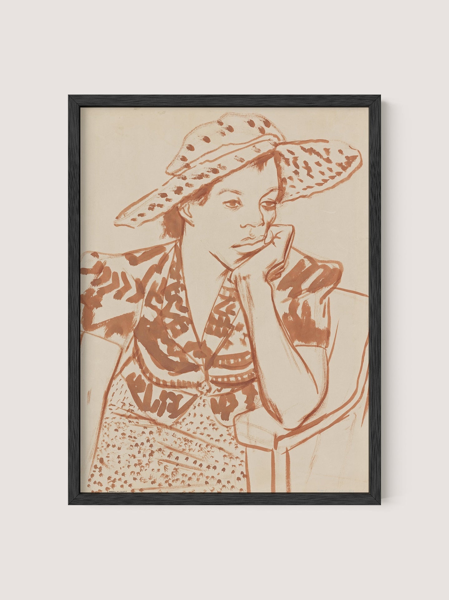 The product titled "Seated Woman With Hat at Studio" features a framed sketch of a woman wearing a patterned dress and a wide-brimmed hat, seated with her chin resting on her hand, gazing thoughtfully to the side. The line drawing, rendered in sepia tones and set in a black oak frame, would be a charming addition to any gallery wall.