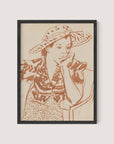 The product titled "Seated Woman With Hat at Studio" features a framed sketch of a woman wearing a patterned dress and a wide-brimmed hat, seated with her chin resting on her hand, gazing thoughtfully to the side. The line drawing, rendered in sepia tones and set in a black oak frame, would be a charming addition to any gallery wall.