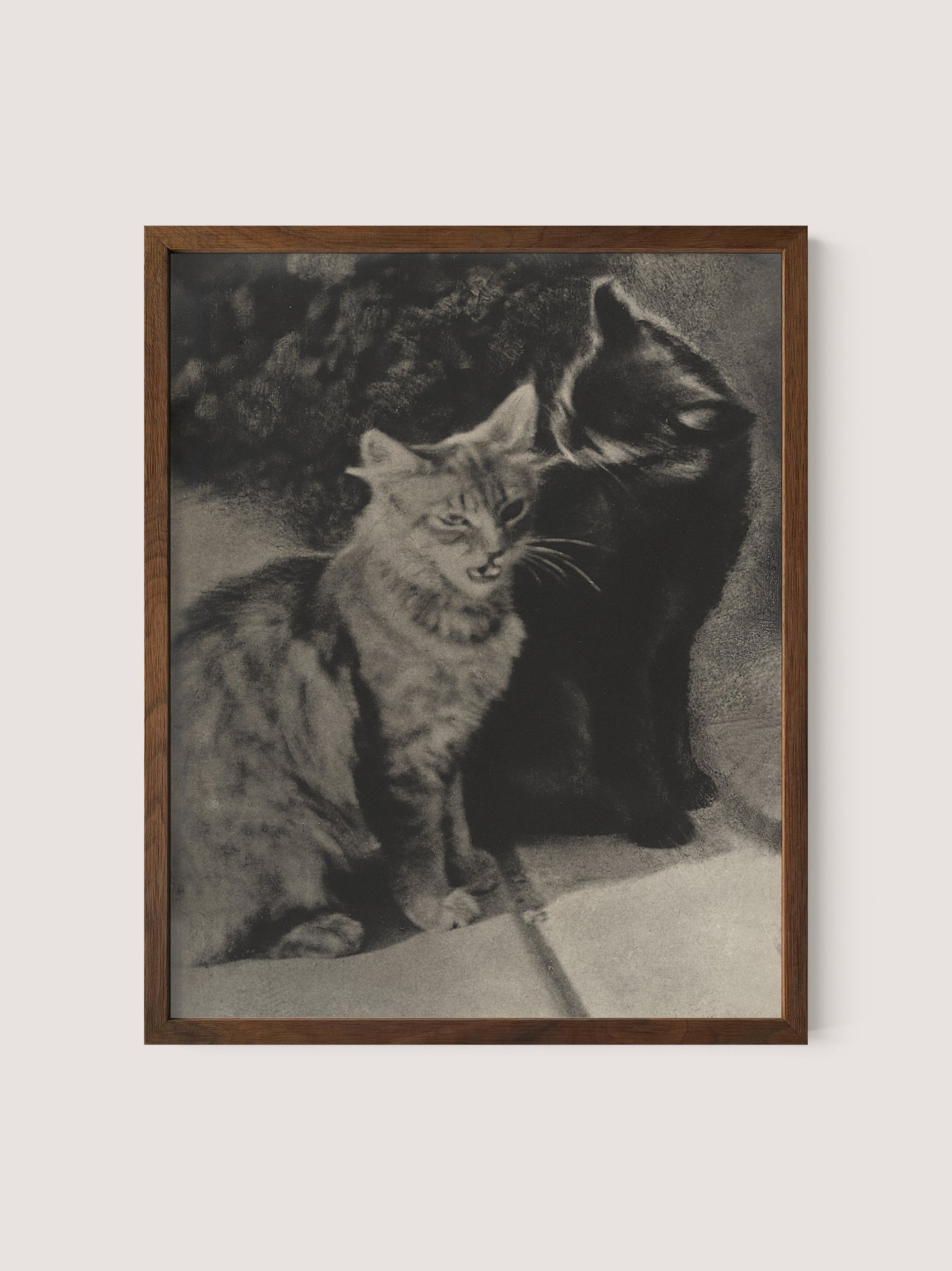 The Serenaders&quot; is a framed black-and-white print featuring two feline friends seated side by side. The cat on the left has a striped pattern, while the cat on the right, which is dark-colored, appears to be affectionately licking the other cat&#39;s ear. They are perched on a tiled surface, all framed in elegant Walnut Oak.