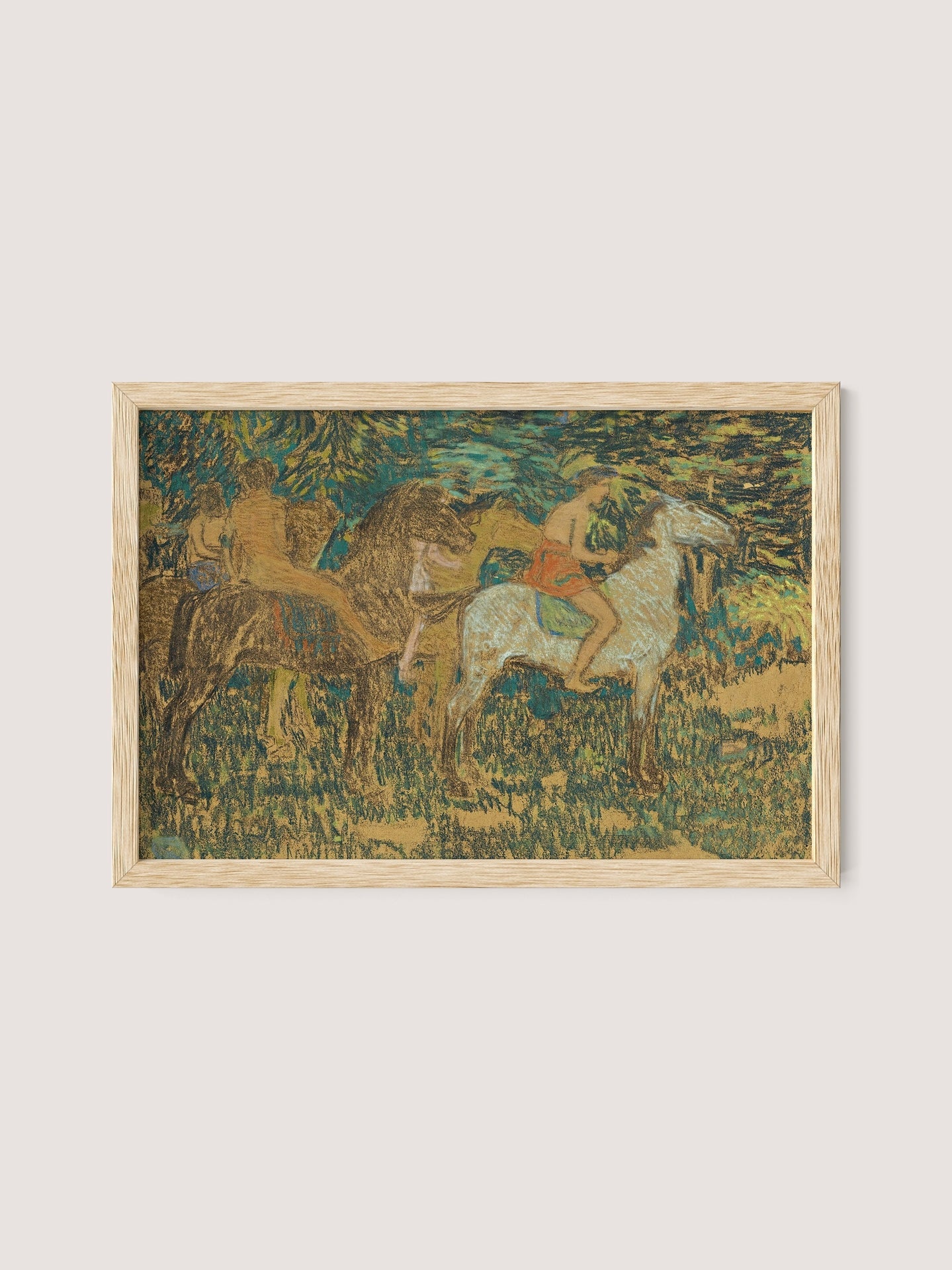 The framed artwork, titled "Horsemen (Procession)," depicts three people riding horseback through a lush, green landscape. The vivid, impressionistic style features bold earth tones and dynamic brushstrokes to convey movement and vitality. The riders blend harmoniously into the natural setting, all beautifully framed in natural oak.