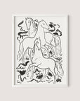 Black and white ink drawing showing three horses in dynamic poses, each with flowing manes and tails. The horses are arranged to give an impression of movement, surrounded by abstract swirls. Reminiscent of Leo Gestel's style, this Three Horses print is framed in a white oak frame.