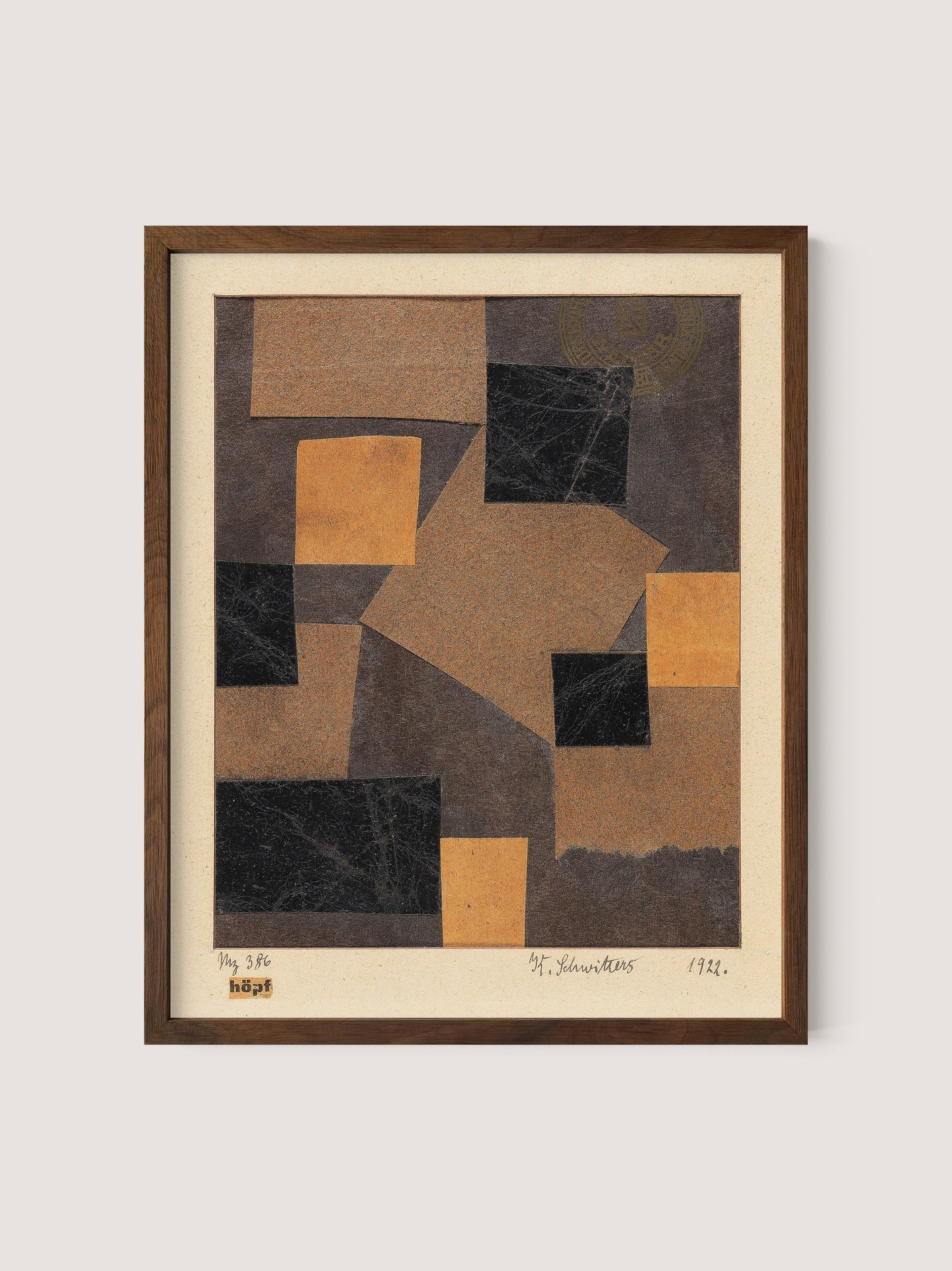 A framed modern abstract painting titled &quot;Mz 386 Hopf (Merzzeichnung)&quot; in a cubist-constructivist style featuring a collage-like design of geometric shapes in shades of brown, black, and beige. Signed and dated 1942 at the bottom right, this piece closely resembles a paper collage. The simple frame is finished in Walnut Oak.