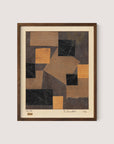 A framed modern abstract painting titled "Mz 386 Hopf (Merzzeichnung)" in a cubist-constructivist style featuring a collage-like design of geometric shapes in shades of brown, black, and beige. Signed and dated 1942 at the bottom right, this piece closely resembles a paper collage. The simple frame is finished in Walnut Oak.