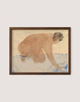 The framed artwork titled "Nude Figure on Hands and Knees" features a semi-transparent nude figure bending down, touching the ground. The figure is depicted with minimal detail, predominantly in warm tones. The marine-inspired backdrop uses light blue and beige hues, suggesting water or sky, all beautifully framed in walnut oak.