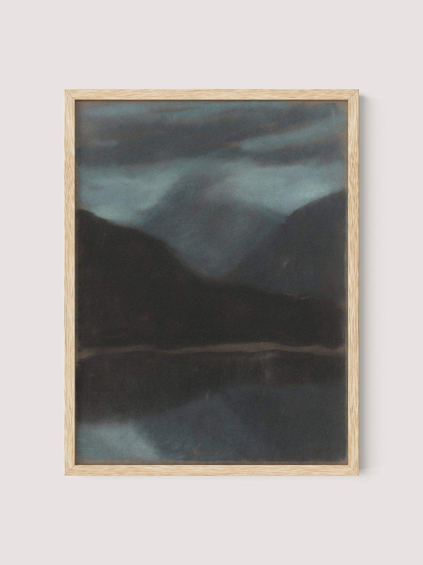 A framed painting titled "Evening in Štrbské Pleso" captures a moody, dark landscape composition with mountains and a reflective lake under a cloudy sky. The hues are muted, featuring deep greens and blues, creating an atmospheric and serene scene. The light wooden frame adds to its timeless work of art appeal.