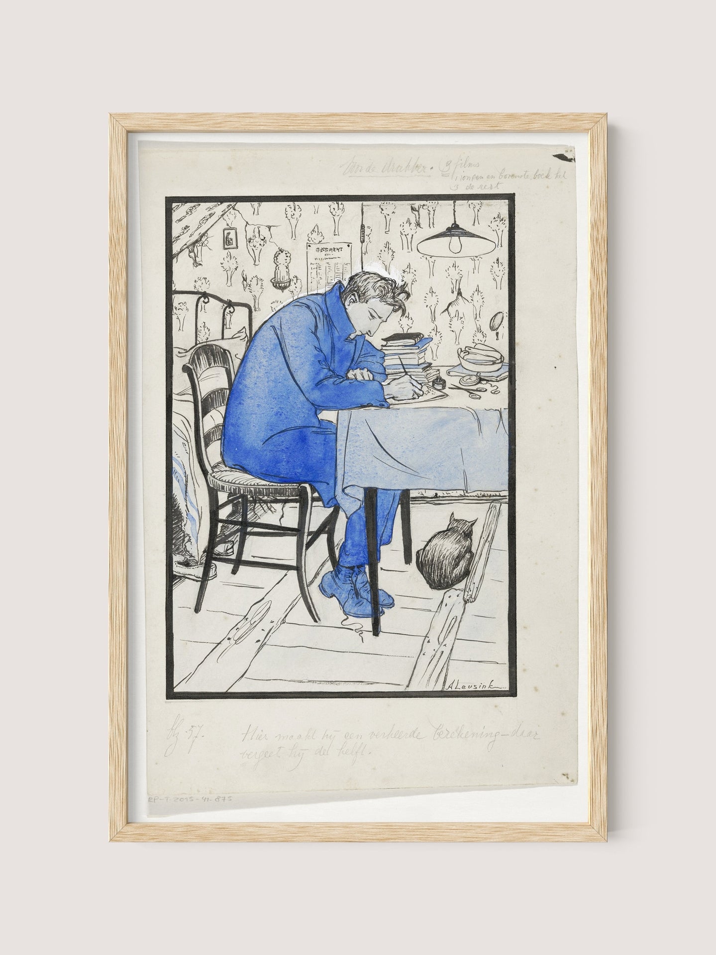 A framed pencil line drawing titled "The Writer" shows a somber man in blue sitting at a table, head resting on his arm. A black cat sits under the table in a room adorned with patterned wallpaper and various items hanging on the walls. The image, possibly a study print, includes handwritten text and is framed in natural oak.