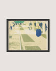 The framed artwork, L'avenue, is reminiscent of Vuillard and showcases a captivating street scene. Housed in a sleek black oak frame, the piece blends various shades of green, yellow, and blue to form figures and buildings. Some shapes suggest people walking while geometric patterns hint at a sidewalk. Its impressionistic style shines through its vibrant color palette.