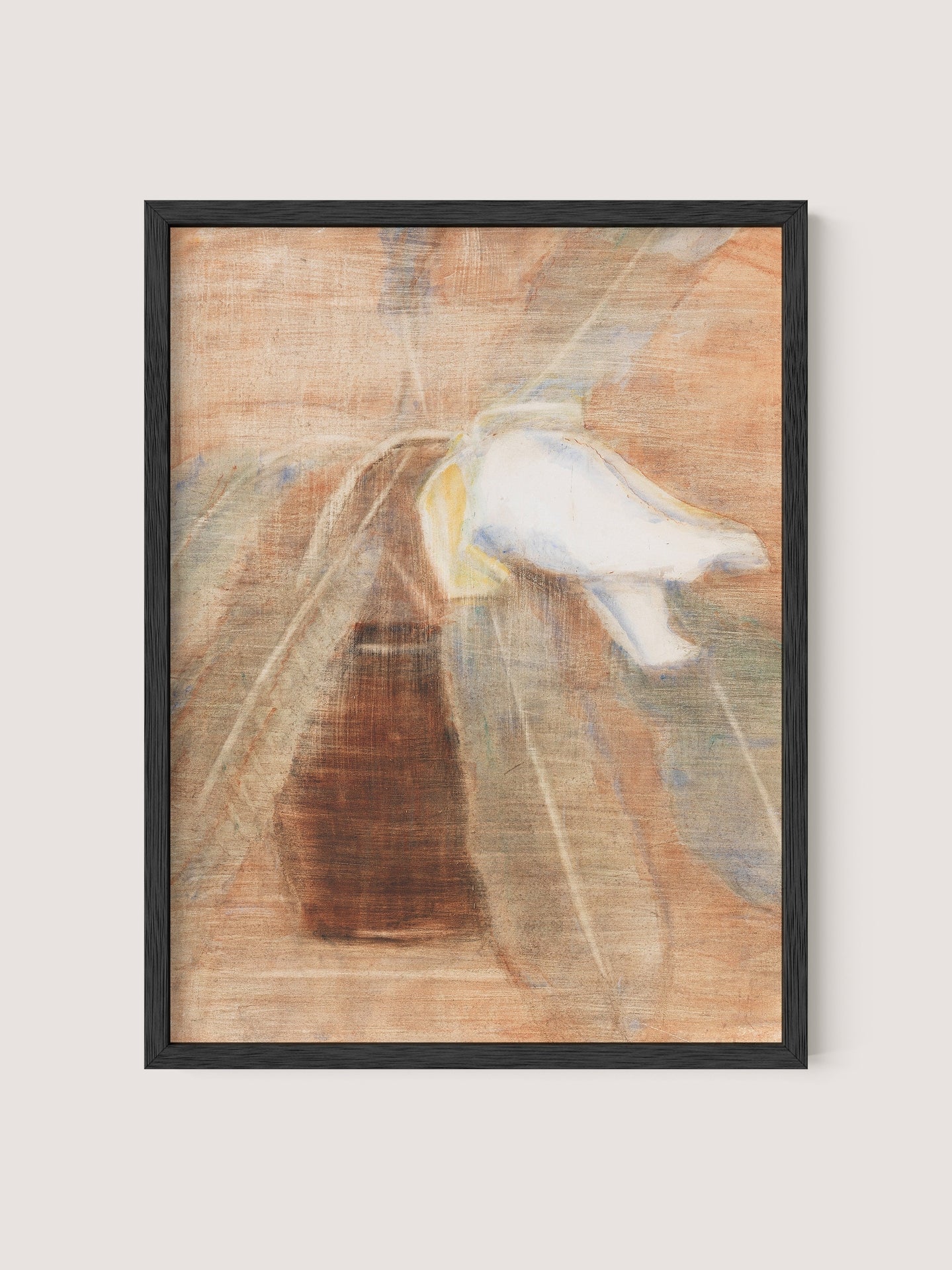 The "Magnolia Knot in Krug" framed abstract painting by an expressionist artist beautifully showcases a blurred white flower with a hint of yellow at its base and elongated green leaves stretching outward. The backdrop features earthy brown and beige hues, enhancing the soft, dreamlike ambiance that complements various interior styles. The frame is crafted in elegant Black Oak.