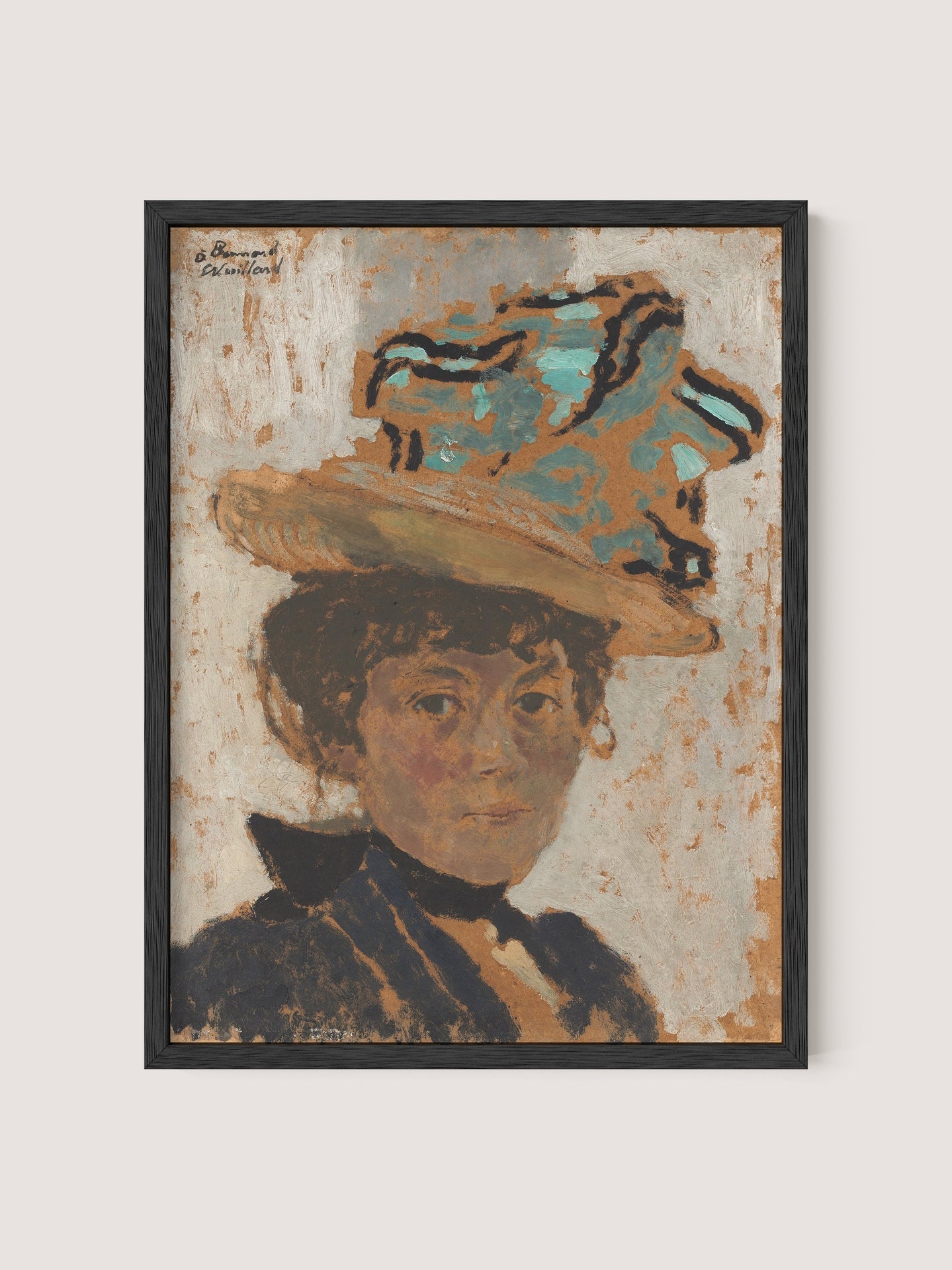 The "Madame Bonnard" framed painting print in Black Oak depicts a woman reminiscent of Edouard Vuillard's "Madame Bonnard," adorned with a large, ornate hat featuring blue and beige accents and wearing a high-collared black garment. The textured background, rendered in white and brown hues, offers an impressionistic feel. The woman's expression is calm and composed.