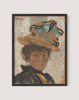 The "Madame Bonnard" framed painting print in Black Oak depicts a woman reminiscent of Edouard Vuillard's "Madame Bonnard," adorned with a large, ornate hat featuring blue and beige accents and wearing a high-collared black garment. The textured background, rendered in white and brown hues, offers an impressionistic feel. The woman's expression is calm and composed.