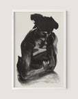 The "Seated Woman," a black and white sketch by Nan Lurie, depicts a bare-chested individual with a cloth or hat on their head, sitting in a contemplative pose. Resting their chin on their left hand while their right arm is folded across their chest, the portrait captures urban and working-class life. The artwork is elegantly framed in white oak.