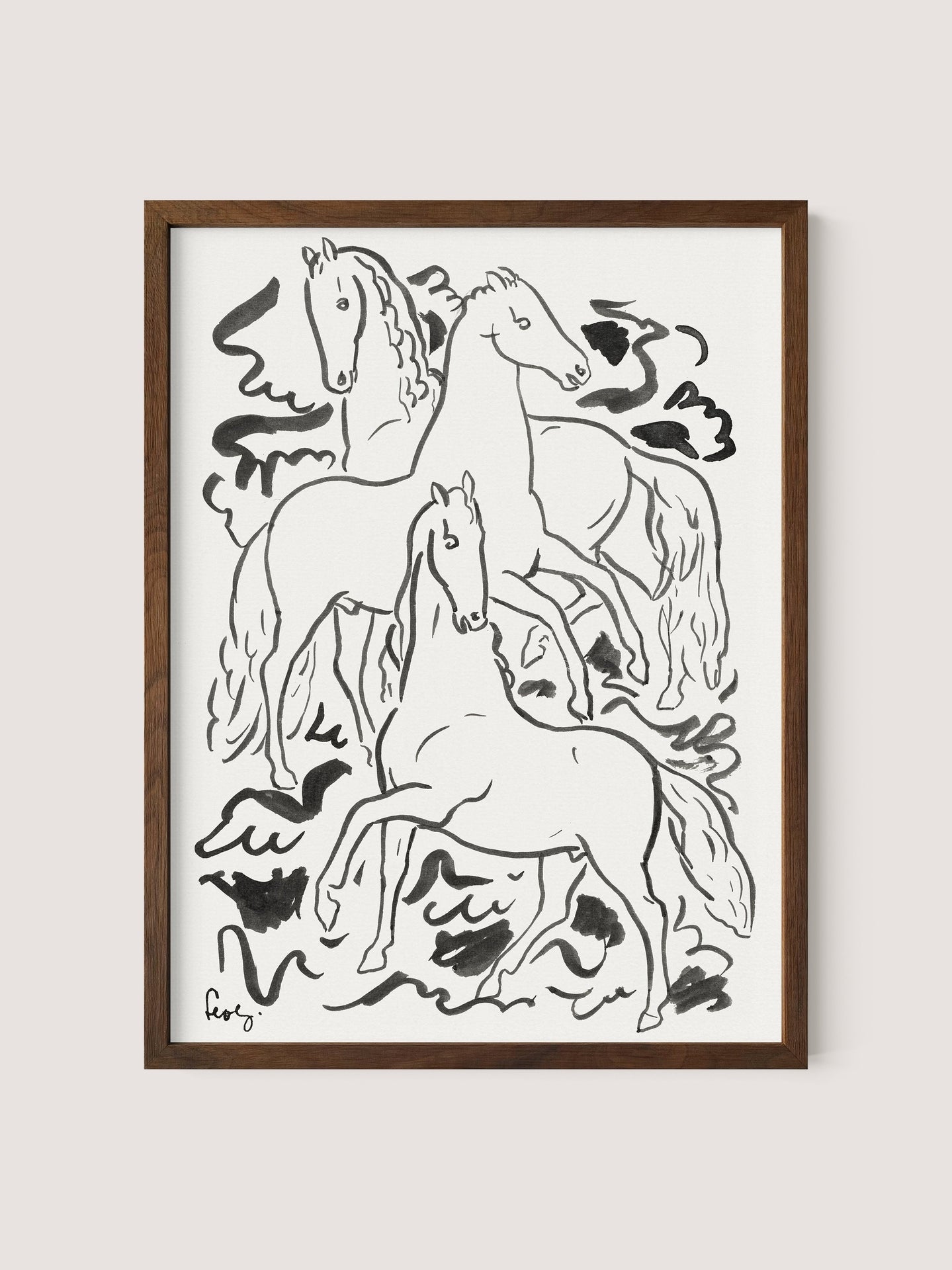 Three Horses,&quot; an ink drawing in black and white by Leo Gestel, showcases three horses in various dynamic poses. The artwork is encased in a simple walnut oak frame, featuring fluid and expressive lines that suggest movement and energy against a plain background.