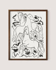 Three Horses," an ink drawing in black and white by Leo Gestel, showcases three horses in various dynamic poses. The artwork is encased in a simple walnut oak frame, featuring fluid and expressive lines that suggest movement and energy against a plain background.