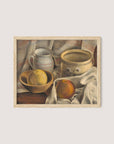 Still Life with Ceramic Pots and Apples" features a beautifully composed scene with a bowl containing two lemons and a red and yellow apple set on a white cloth. The painting also includes a ceramic mug with horizontal pink stripes and a larger ceramic bowl adorned with floral patterns. The natural oak color palette infuses the artwork with neutral warm hues, creating an inviting atmosphere perfect for enhancing any kitchen or hallway.