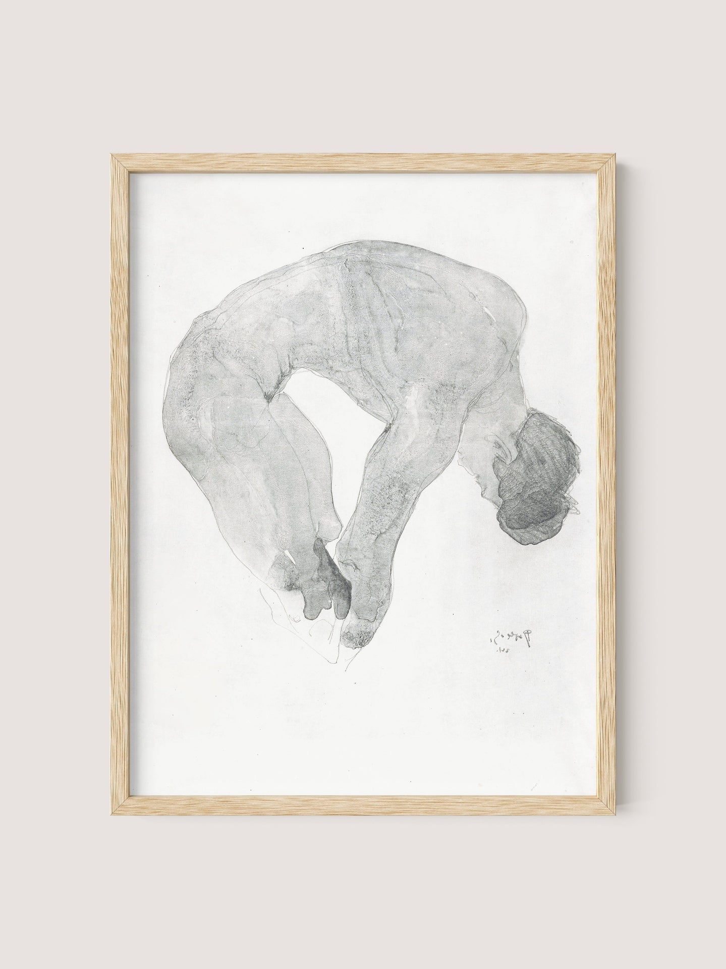 An intimate portrait, "Bending Nude" by artist Reijer Johan Antonie Stolk, features a minimalist, monochromatic pencil drawing of a person in a bent-over position. The drawing is framed in natural oak and set against a plain light background.