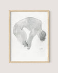 An intimate portrait, "Bending Nude" by artist Reijer Johan Antonie Stolk, features a minimalist, monochromatic pencil drawing of a person in a bent-over position. The drawing is framed in natural oak and set against a plain light background.